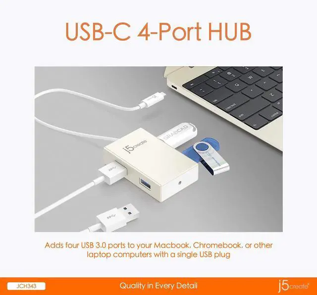 Alt view image 3 of 5 - j5create USB Type-C 4-Port Hub, Silver, JCH343