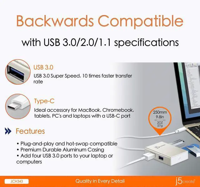 Alt view image 5 of 5 - j5create USB Type-C 4-Port Hub, Silver, JCH343
