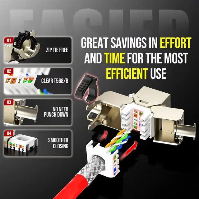 Alt view image 3 of 5 - AMPCOM CAT7A Keystone Jack Ratchet Zip-tie Design, 10Gbps 1000Mhz Shielded Zinc-Alloy RJ45 Tool-Free Keystone Connector 6-Pack