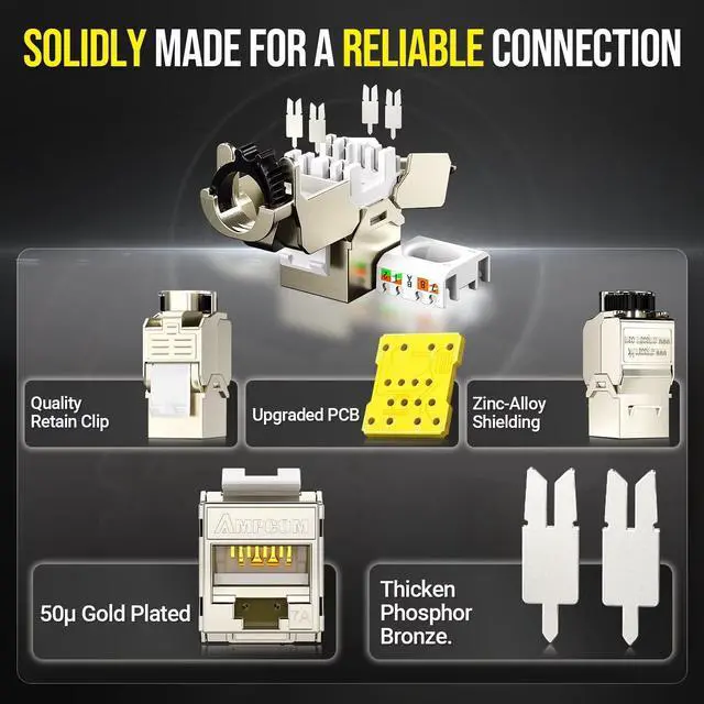 Alt view image 4 of 5 - AMPCOM CAT7A Keystone Jack Ratchet Zip-tie Design, 10Gbps 1000Mhz Shielded Zinc-Alloy RJ45 Tool-Free Keystone Connector 6-Pack
