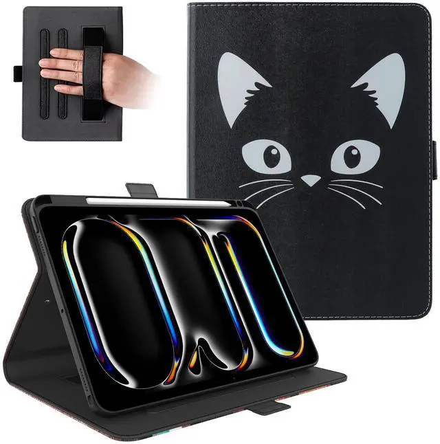 Main image of Dteck for iPad Pro 11-Inch M4 Folio Case 11" 2024 Release, PU Leather Cute Case with Adjustable Stand Angles/Auto Sleep Wake, Pencil Holder/Hand Strap, Protective Lightweight Slim Cover, Black Cat