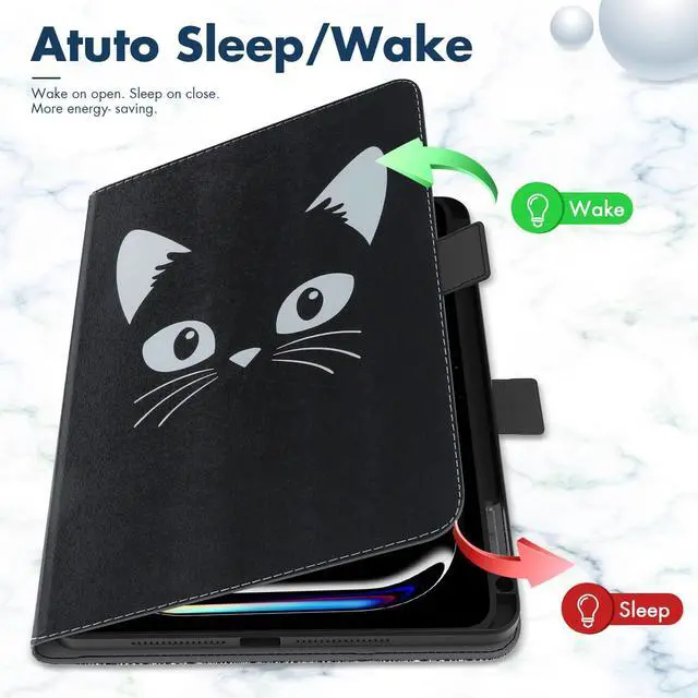 Alt view image 2 of 5 - Dteck for iPad Pro 11-Inch M4 Folio Case 11" 2024 Release, PU Leather Cute Case with Adjustable Stand Angles/Auto Sleep Wake, Pencil Holder/Hand Strap, Protective Lightweight Slim Cover, Black Cat