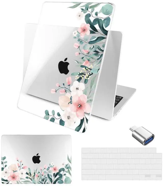 Main image of Batianda Compatible with New MacBook Air 13 inch Case 2025 2024 2022 M4/M3/M2 Chip Model A3240/A3113/A2681, Plastic Clear Hardshell Keyboard Cover & USB-C OTG Adapter, Leaves and Flowers