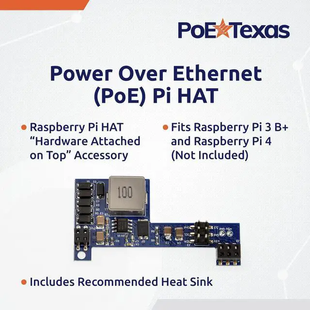 Alt view image 2 of 5 - PoE Texas Raspberry Pi PoE Hat - Power Over Ethernet PiHat Fits Raspberry Pi 3 B+ and Pi 4 - Slim, Sleek, Compact, Heat Sink, Fanless - Works with 15 to 56 Volt Passive Network Switch or Injector