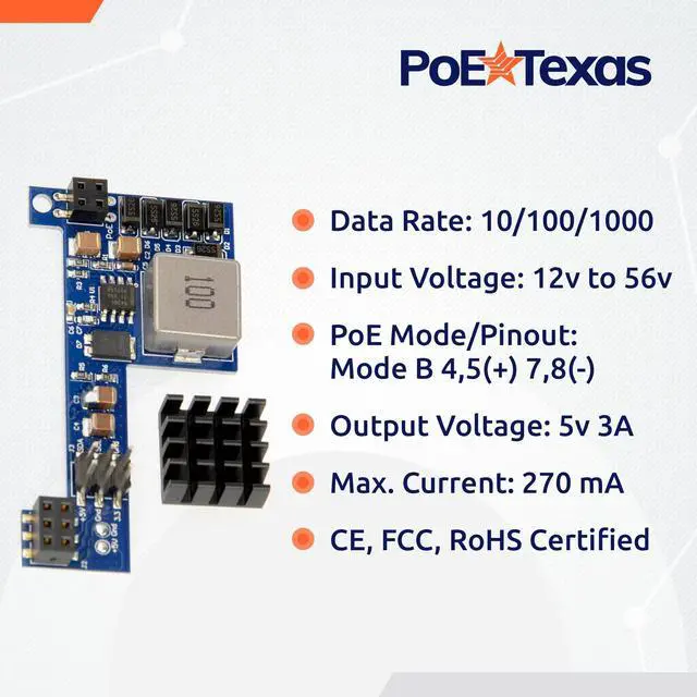 Alt view image 5 of 5 - PoE Texas Raspberry Pi PoE Hat - Power Over Ethernet PiHat Fits Raspberry Pi 3 B+ and Pi 4 - Slim, Sleek, Compact, Heat Sink, Fanless - Works with 15 to 56 Volt Passive Network Switch or Injector