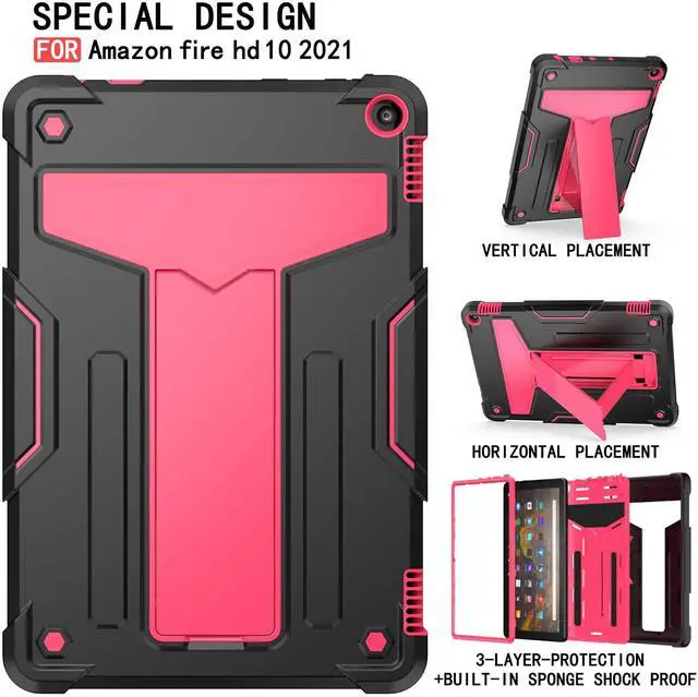 Alt view image 2 of 5 - Dteck Case for Fire HD 10/HD 10 Plus Tablet (2021 Release, 11th Generation) - Kids Friendly Shockproof EVA Case Convertible Stand Full Body Rugged Protective Cover, Black+Rose