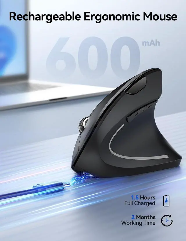 Alt view image 3 of 5 - TECKNET Ergonomic Mouse Wireless, Rechargeable Mouse Wireless Silent for Carpal Tunnel Right Hand, 2.4GHz USB Vertical Mouse Wireless for Laptop, 5 Adjustable 4800 DPI, Computer, MacBook, Desktop