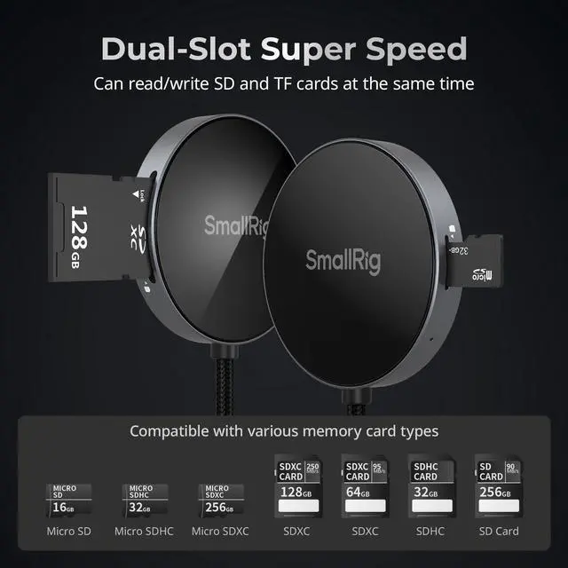 Alt view image 5 of 5 - SMALLRIG SD/TF Dual-Slot Card Reader, USB 4.0 312MB/s High-Speed Transfer, Magnetic Adsorption Phone & 90deg Angled Connector for iPhone 16/for Samsung/for Huawei, SDXC/TF Card Adapter - 4870