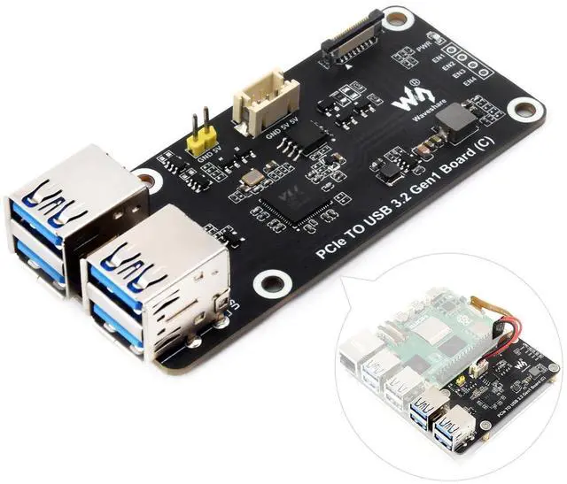 Main image of Waveshare PCIe to 4-Ch USB3.2 Gen1 Board (C), Compatible with Raspberry Pi 5, Up to 5Gbps Transmission Speed, No Driver Required, Plug and Play