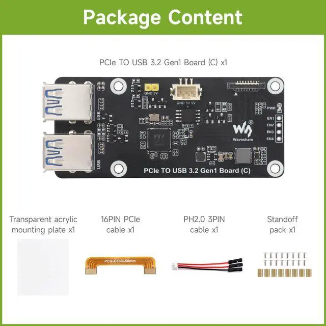 Alt view image 2 of 5 - Waveshare PCIe to 4-Ch USB3.2 Gen1 Board (C), Compatible with Raspberry Pi 5, Up to 5Gbps Transmission Speed, No Driver Required, Plug and Play