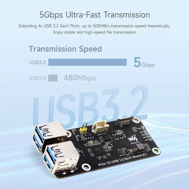 Alt view image 4 of 5 - Waveshare PCIe to 4-Ch USB3.2 Gen1 Board (C), Compatible with Raspberry Pi 5, Up to 5Gbps Transmission Speed, No Driver Required, Plug and Play