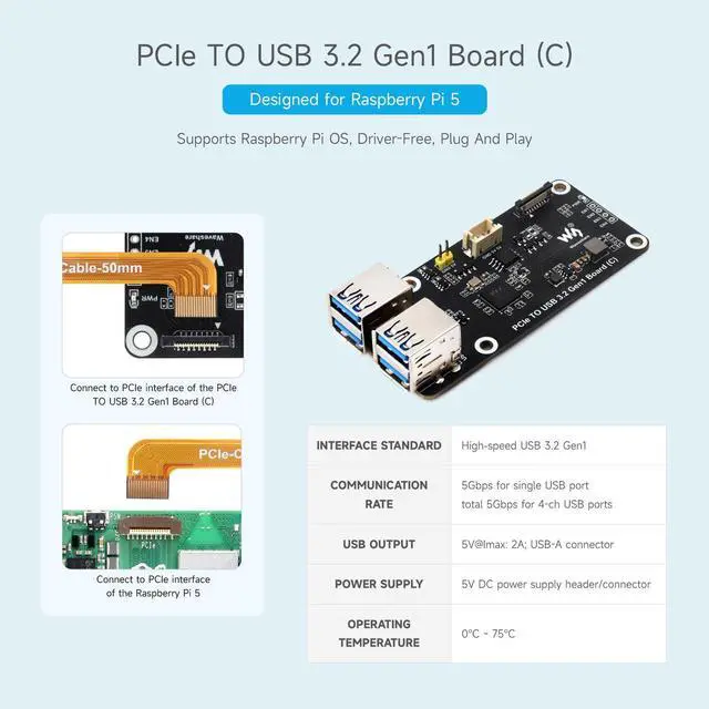 Alt view image 3 of 5 - Waveshare PCIe to 4-Ch USB3.2 Gen1 Board (C), Compatible with Raspberry Pi 5, Up to 5Gbps Transmission Speed, No Driver Required, Plug and Play
