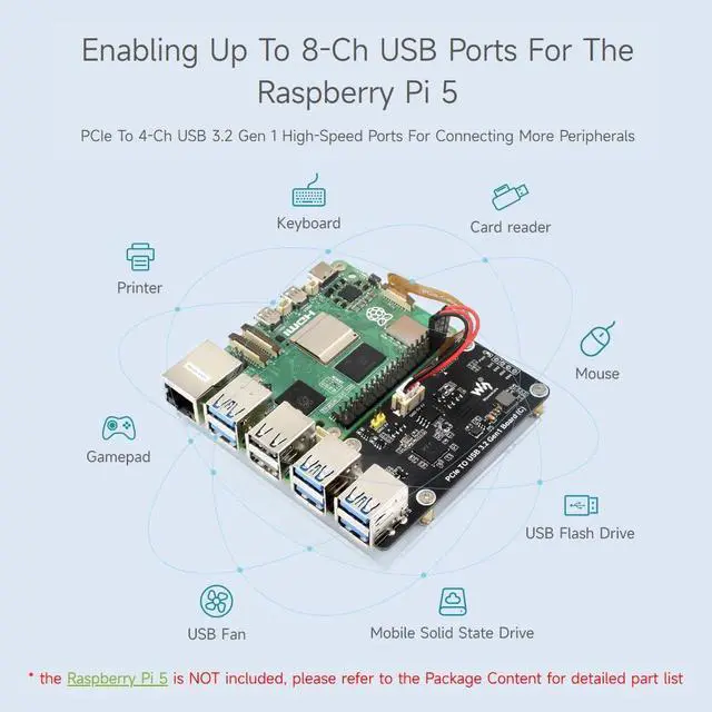 Alt view image 5 of 5 - Waveshare PCIe to 4-Ch USB3.2 Gen1 Board (C), Compatible with Raspberry Pi 5, Up to 5Gbps Transmission Speed, No Driver Required, Plug and Play