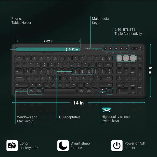 Alt view image 5 of 5 - Multi Device Wireless Keyboard - Bluetooth Keyboard for Tablet - Universal Compatible with iPhone iPad Android Phone Cellphone PC Computer - Built-in Stand - Long Battery Life - Easy Setup