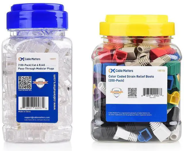 Main image of Cable Matters 100-Pack Cat 6 Pass Through RJ45 Connectors/Modular Plugs & 8-Color 200-Pack RJ45 Strain Relief Boots