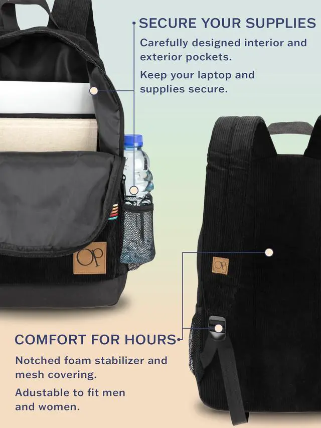 Alt view image 5 of 5 - Ocean Pacific OG Corduroy Backpack for Travel, Sports, Beach, Work, Casual Daypack for Men Women Fits 15.6 Inch Laptop (Black)