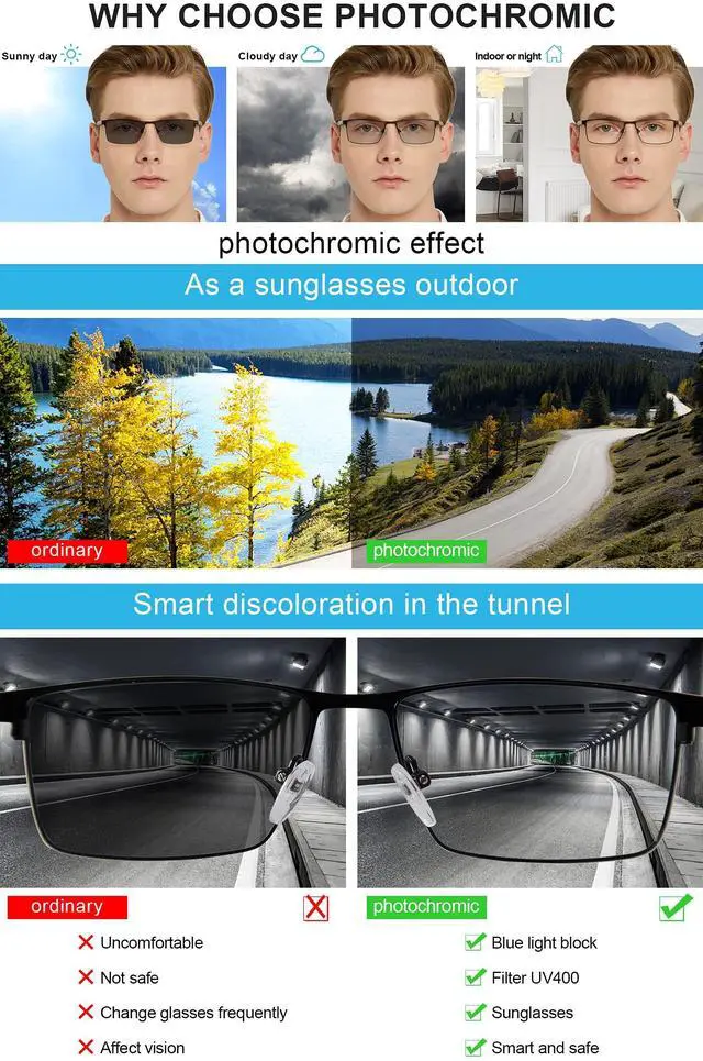 Alt view image 4 of 5 - OCCI CHIARI Men's Photochromic Blue Light Blocking Glasses Driving sunglasses UV Protection Outdoor Fishing Running Computer Eyewear (Brown)