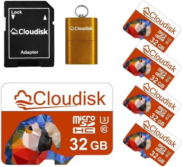 Main image of Cloudisk Pack of 5 Parrot-Prime Micro SD Card 32GB Flash Memory Card Micro SDHC C10 A2 U3 with SD Adapter, Card Reader (32GB)