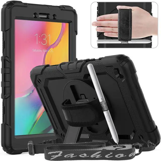 Main image of Timecity Case for Samsung Galaxy Tab A 8.0 2019 - Full-Body Drop-Proof Protection with Screen Protector, Swivel Stand & Shoulder Strap, Black