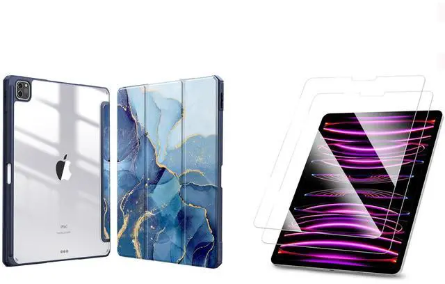 Main image of Fintie Bundle: Fintie Hybrid Slim Case for iPad Pro 12.9" 6th/5th/4th/3rd Gen, [Built-in Pencil Holder] Shockproof Cover Clear Transparent Back Shell + [2-Pack] Tempered Glass Screen Protector