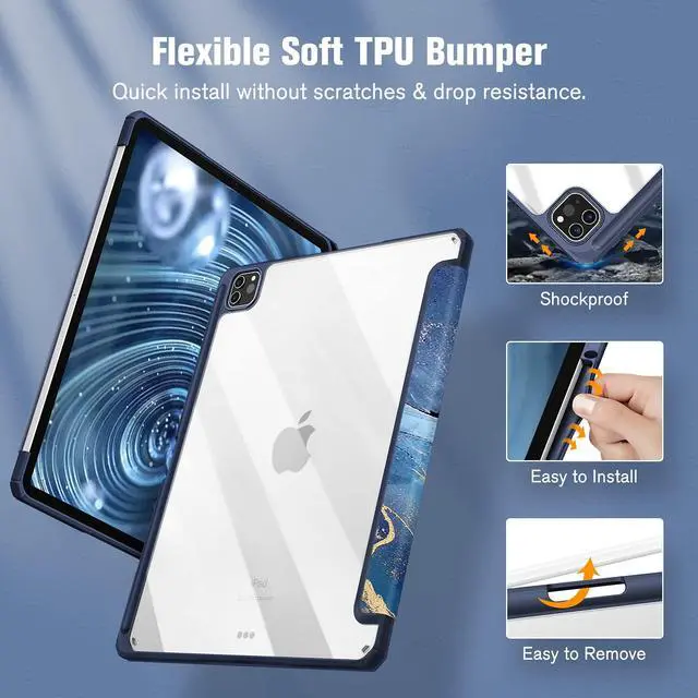 Alt view image 3 of 5 - Fintie Bundle: Fintie Hybrid Slim Case for iPad Pro 12.9" 6th/5th/4th/3rd Gen, [Built-in Pencil Holder] Shockproof Cover Clear Transparent Back Shell + [2-Pack] Tempered Glass Screen Protector