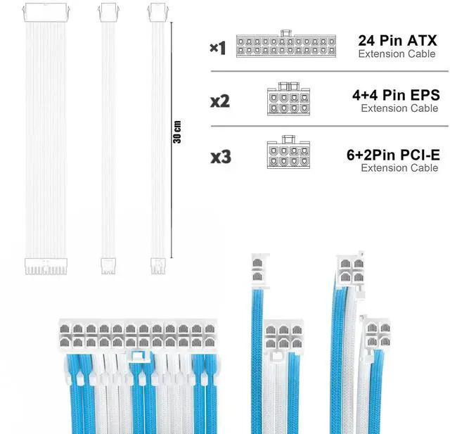 Alt view image 2 of 5 - ABNO1 PSU Cable Extension Kit 30CM Length with Cable Combs,1x24Pin/2x8Pin(4+4) EPS/3x8Pin(6P+2P) PCI-E/PC Sleeved Cable for ATX Power Supply,Blue/White