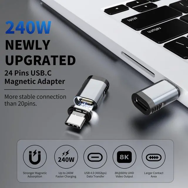Alt view image 2 of 5 - 3C'S 240W USB C Magnetic Adapter,2Pack Straight Magnetic USB C Adapters with 4 Connectors,24Pin Fast Charge 40Gbps 8K 60Hz for Thunderbolt 3/4,MacBook Pro/Air/,PS5 PSVR2 and More Type C Devices