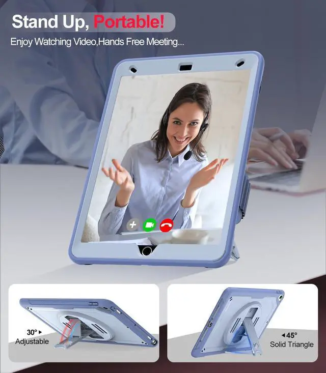 Alt view image 4 of 5 - Ambison Case for iPad 9th/8th/7th Generation 10.2'',Full-Body Protective Rugged iPad 10.2 inch Case-360deg Rotating Sturdy Stand, Adjustable Handle Strap,Pencil Holder,Blue