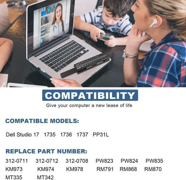 Alt view image 2 of 5 - TREE.NB New 9 Cell 7800mAh Laptop Battery for Dell Studio 1735 1736 1737 KM973 RM791 US
