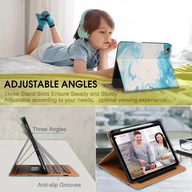 Alt view image 2 of 5 - for iPad Air 5th/4th Generation Case 2022/2020, for iPad Air 10.9 Inch Case Cover with Built-in Pencil Holder and Hand Strap, Auto Sleep/Wake, Multiple Viewing Angles for iPad Air 5/4 Gen, Green Cloud