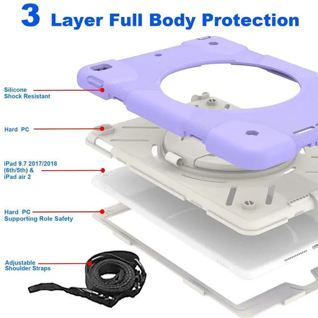 Alt view image 4 of 5 - Andnary Case for iPad 9th/8th/7th Generation 10.2 inch, Heavy Duty Shockproof Cover with 360deg Rotating Handle/Bracket/Pen Holder/Shoulder Strap, Case for iPad 10.2 inch 2021/2020/2019, Purple