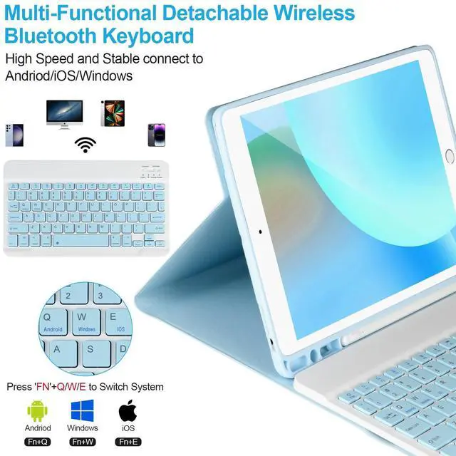 Alt view image 3 of 5 - Keyboard Case for iPad 9/8/7th Gen 10.2'',Case with Keyboard ipad 10.2 inch,Keyboard for iPad 9th Gen,Detachable Bluetooth Keyboard for iPad 10.2,iPad Keyboard Case 9th Gen with Pencil Holder,Blue