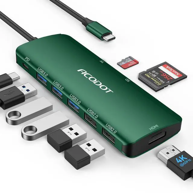 Main image of Acodot 9 in 1 USB C Hub - 4K@60Hz HDMI Adapter, 3 USB 3.0 Ports, SD/TF Card Reader, 100W PD, Multiport Adapter for MacBook Pro, Air, HP, XPS, Green