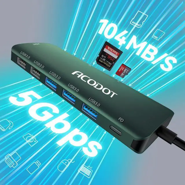 Alt view image 4 of 5 - Acodot 9 in 1 USB C Hub - 4K@60Hz HDMI Adapter, 3 USB 3.0 Ports, SD/TF Card Reader, 100W PD, Multiport Adapter for MacBook Pro, Air, HP, XPS, Green