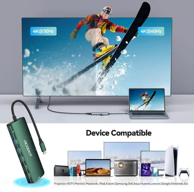 Alt view image 3 of 5 - Acodot 9 in 1 USB C Hub - 4K@60Hz HDMI Adapter, 3 USB 3.0 Ports, SD/TF Card Reader, 100W PD, Multiport Adapter for MacBook Pro, Air, HP, XPS, Green