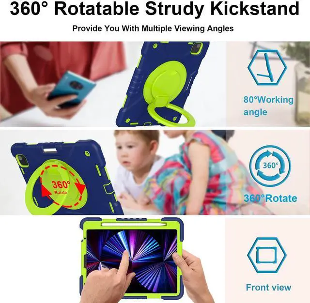 Alt view image 3 of 5 - Andnary Case for iPad Pro 11 Inch 4th 2022/3rd 2021/2nd 2020/1st Gen 2018, iPad Air 10.9 Inch 2022/2020 5th/4th Generation Case with Pencil Holder/360deg Rotating Handle Stand, Navy+Green