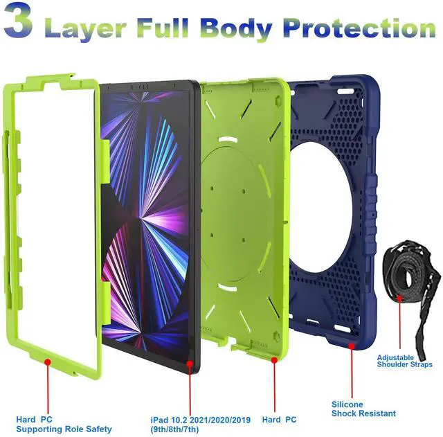 Alt view image 4 of 5 - Andnary Case for iPad Pro 11 Inch 4th 2022/3rd 2021/2nd 2020/1st Gen 2018, iPad Air 10.9 Inch 2022/2020 5th/4th Generation Case with Pencil Holder/360deg Rotating Handle Stand, Navy+Green