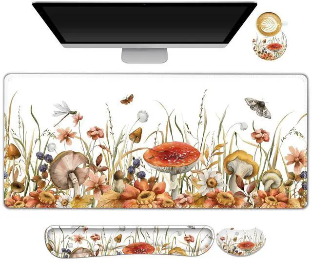 Main image of ARTSO Large Gaming Mouse Pad, Keyboard Wrist Rest Pad & Wrist Support Mousepad Set, Stitched Edge, Extended, Non-Slip Base, Memory Foam Desk Mat for Office, Home, Mushroom Plants