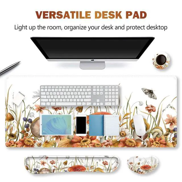 Alt view image 2 of 5 - ARTSO Large Gaming Mouse Pad, Keyboard Wrist Rest Pad & Wrist Support Mousepad Set, Stitched Edge, Extended, Non-Slip Base, Memory Foam Desk Mat for Office, Home, Mushroom Plants