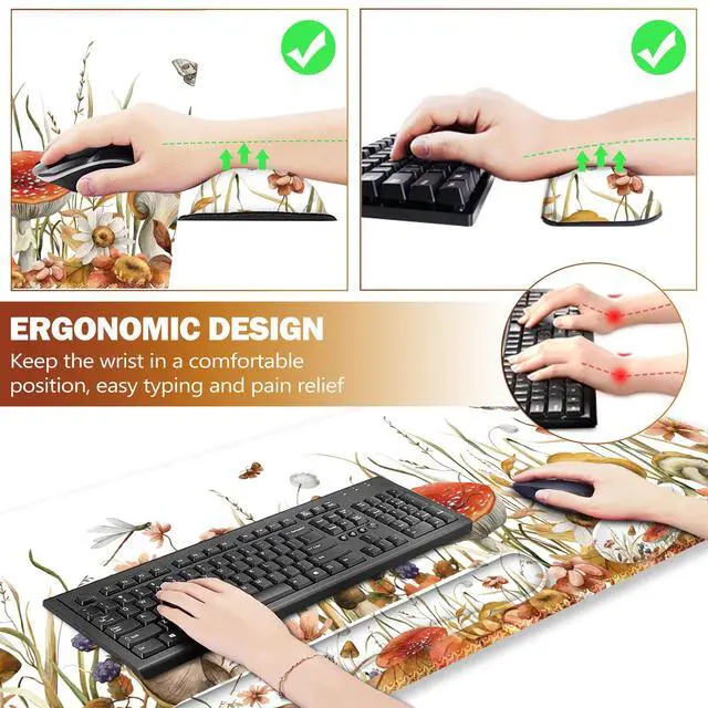 Alt view image 5 of 5 - ARTSO Large Gaming Mouse Pad, Keyboard Wrist Rest Pad & Wrist Support Mousepad Set, Stitched Edge, Extended, Non-Slip Base, Memory Foam Desk Mat for Office, Home, Mushroom Plants