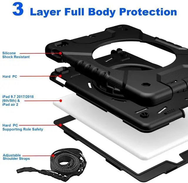 Alt view image 3 of 5 - Andnary Case for iPad 6th/5th Generation 9.7 inch 2018/2017 Case, iPad Air 2/Pro 9.7 inch Heavy Duty Protective Cover with Pencil Holder, Shoulder Strap, 360 Rotate Handle Stand, Black