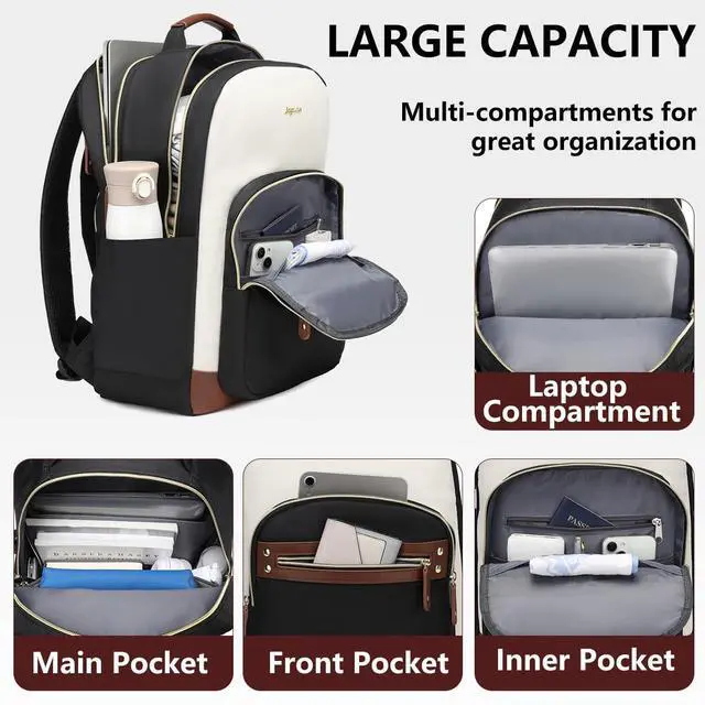 Alt view image 4 of 5 - Laptop Backpack for Women Bag - 15.6 inch Work Bags with USB Charger College Bookbag Waterproof Business Computer Backpack Casual Travel Backpacks for Women Nurse Teacher Beige-Black-Brown