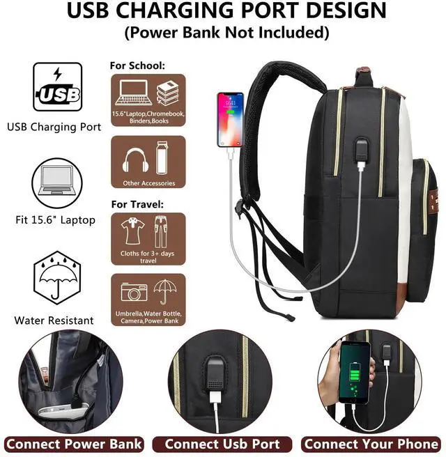Alt view image 3 of 5 - Laptop Backpack for Women Bag - 15.6 inch Work Bags with USB Charger College Bookbag Waterproof Business Computer Backpack Casual Travel Backpacks for Women Nurse Teacher Beige-Black-Brown