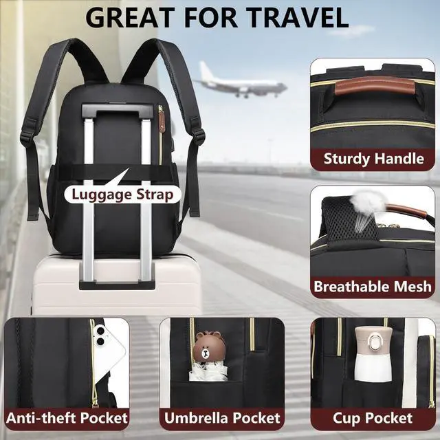 Alt view image 5 of 5 - Laptop Backpack for Women Bag - 15.6 inch Work Bags with USB Charger College Bookbag Waterproof Business Computer Backpack Casual Travel Backpacks for Women Nurse Teacher Beige-Black-Brown