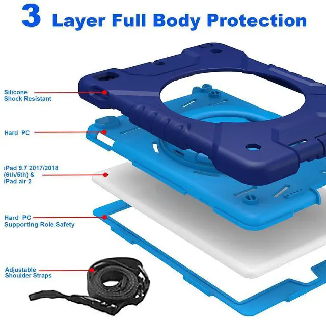 Alt view image 3 of 5 - Andnary Case for iPad 6th/5th Generation 9.7 inch 2018/2017 Case, iPad Air 2/Pro 9.7 inch Heavy Duty Protective Cover with Pencil Holder, Shoulder Strap, 360 Rotate Handle Stand, Navy+Blue