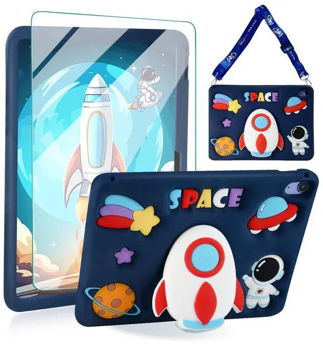 Main image of ACEMO for iPad 10th Generation Case 10.9 inch 2022 with Screen Protector, Kickstand, Shoulder Strap Cute Rocket Silicone Protective Cover for Kids Girls for iPad 10th Gen 2022, Blue