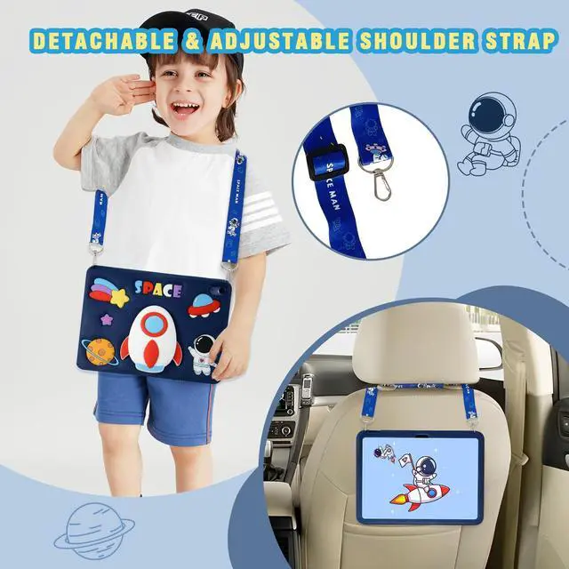 Alt view image 4 of 5 - ACEMO for iPad 10th Generation Case 10.9 inch 2022 with Screen Protector, Kickstand, Shoulder Strap Cute Rocket Silicone Protective Cover for Kids Girls for iPad 10th Gen 2022, Blue
