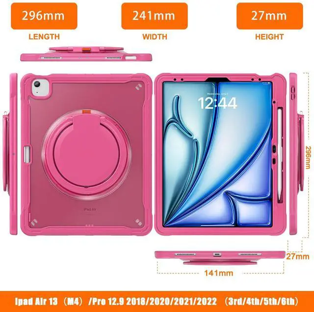 Alt view image 2 of 5 - ACEMO for iPad Air 13 inch Case M3/M2 iPad Pro 12.9 case 6th 5th 4th 3rd Generation with 360° Rotating Kickstand Handle, Shoulder Strap, Pencil Holder, Rugged Cover for iPad Air 13 2025 2024, Rose Red