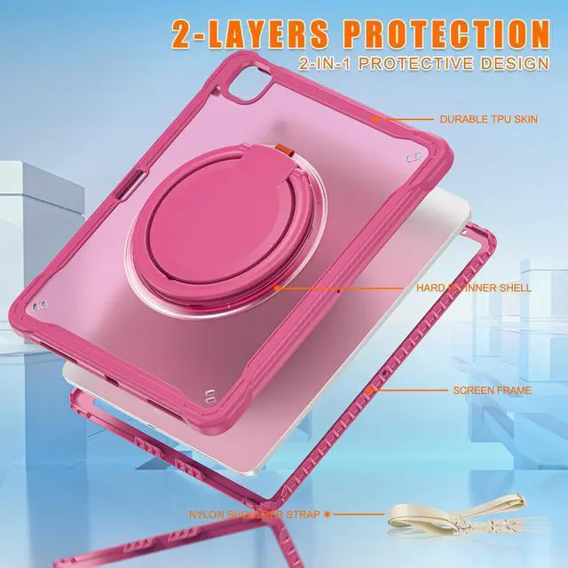Alt view image 3 of 5 - ACEMO for iPad Air 13 inch Case M3/M2 iPad Pro 12.9 case 6th 5th 4th 3rd Generation with 360° Rotating Kickstand Handle, Shoulder Strap, Pencil Holder, Rugged Cover for iPad Air 13 2025 2024, Rose Red
