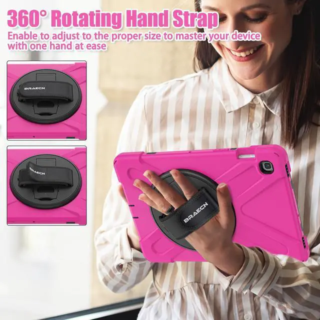 Alt view image 3 of 5 - BRAECNstock for Samsung Galaxy Tab S5e Case 10.5 inch 2019 (SM-T720/T725/T727) Shockproof Protective Galaxy Tab S5e Kids Cover with Screen Protector Rotating Stand & Hand Strap Pen Holder - Rose Red